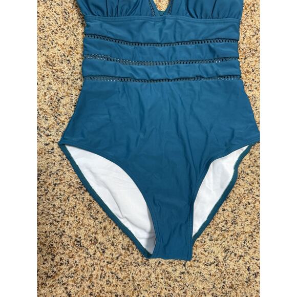 Tempt Me Womens Teal Blue Deep V Halter One-Piece Swimsuit Lace Cutout Detail M - Picture 5 of 9